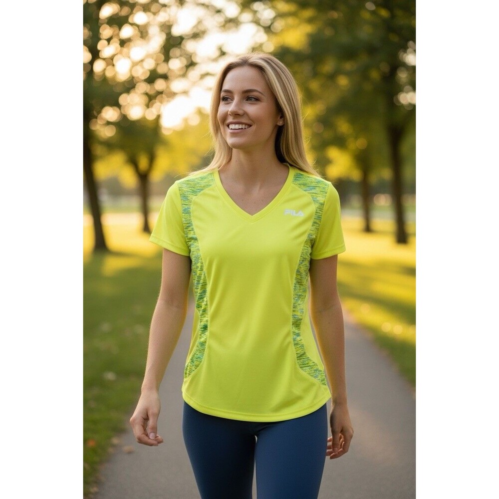 Fila Sport Running Women’s Top Size M Neon Yellow Athletic Gym V Neck